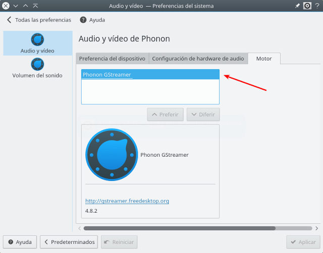 instalar el motor de sonido VLC para Phonon