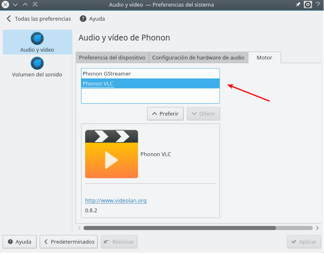 instalar el motor de sonido VLC para Phonon