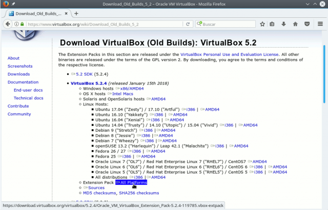 descargar virtual extension pack para linux