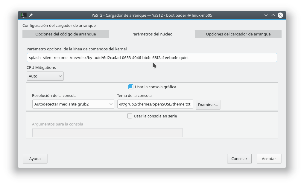 A start job is running, YaST parametros del nucleo