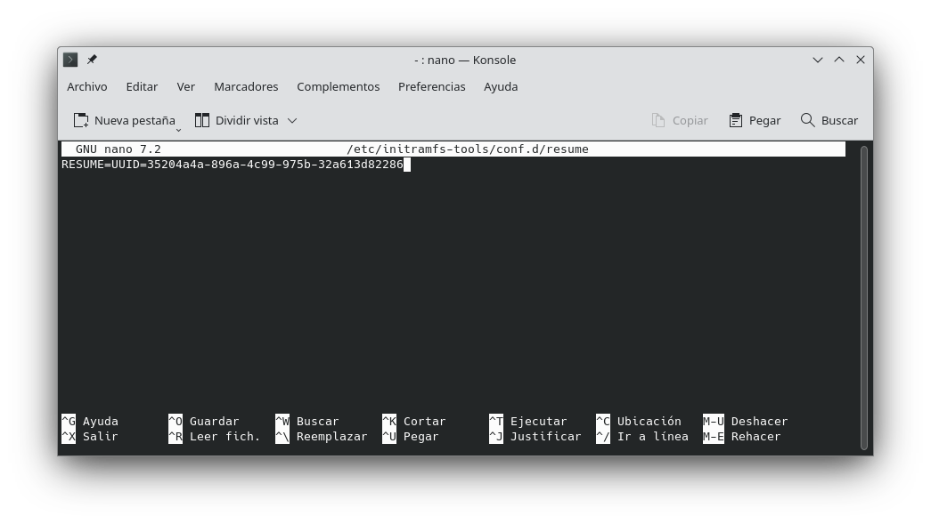 UUID correcta de Swap